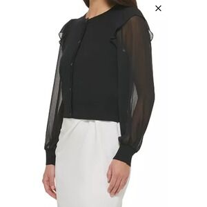 DKNY Womens Ruffled Sheer Long Sleeves Cardigan Sweater Drk Fairy Whimsigoth Y2K